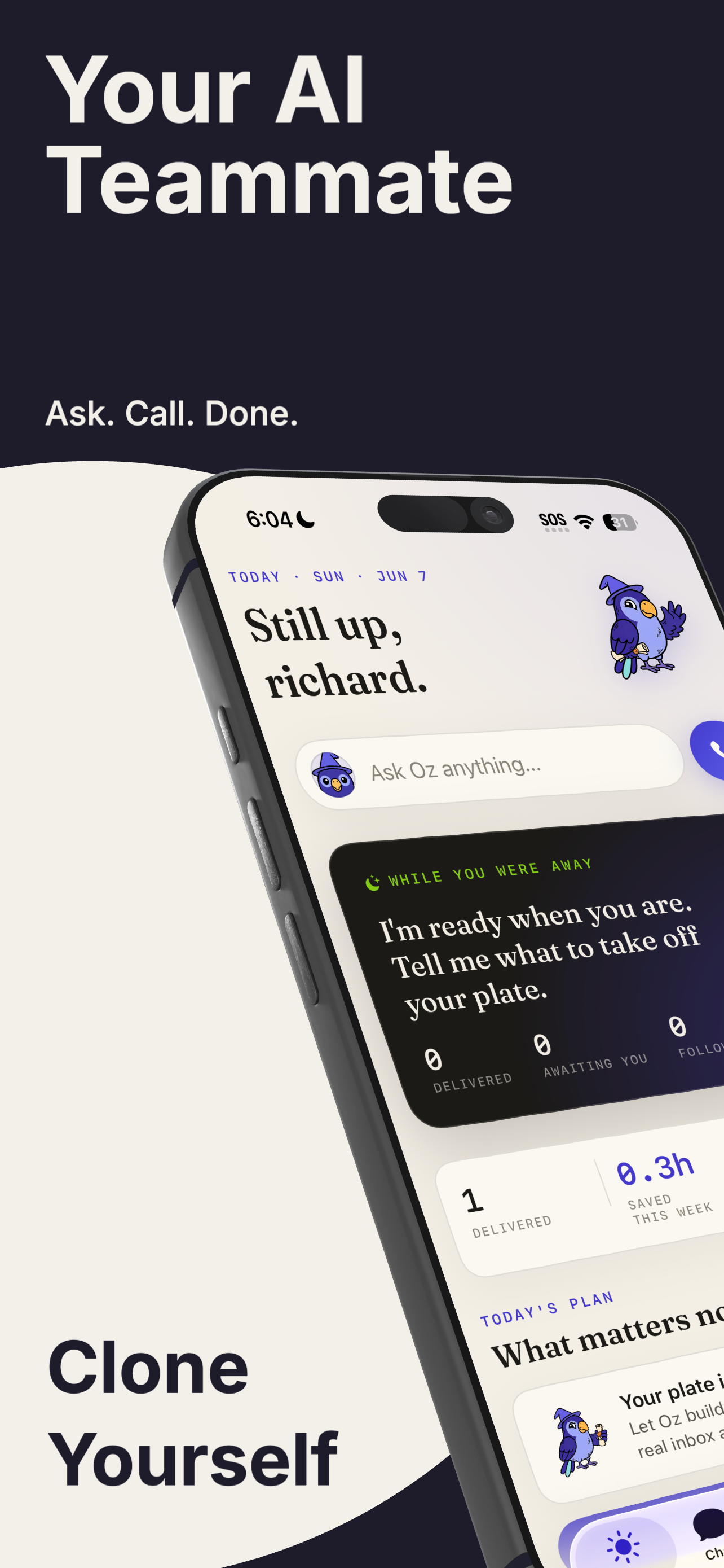 Oz on iPhone — connect your toolstack, 17+ integrations including Slack, Gmail, and Notion
