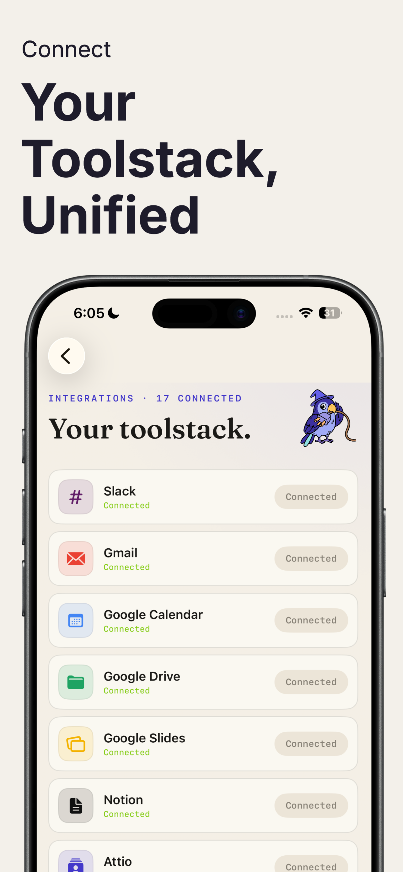 Oz on iPhone — the Today screen greeting and daily plan
