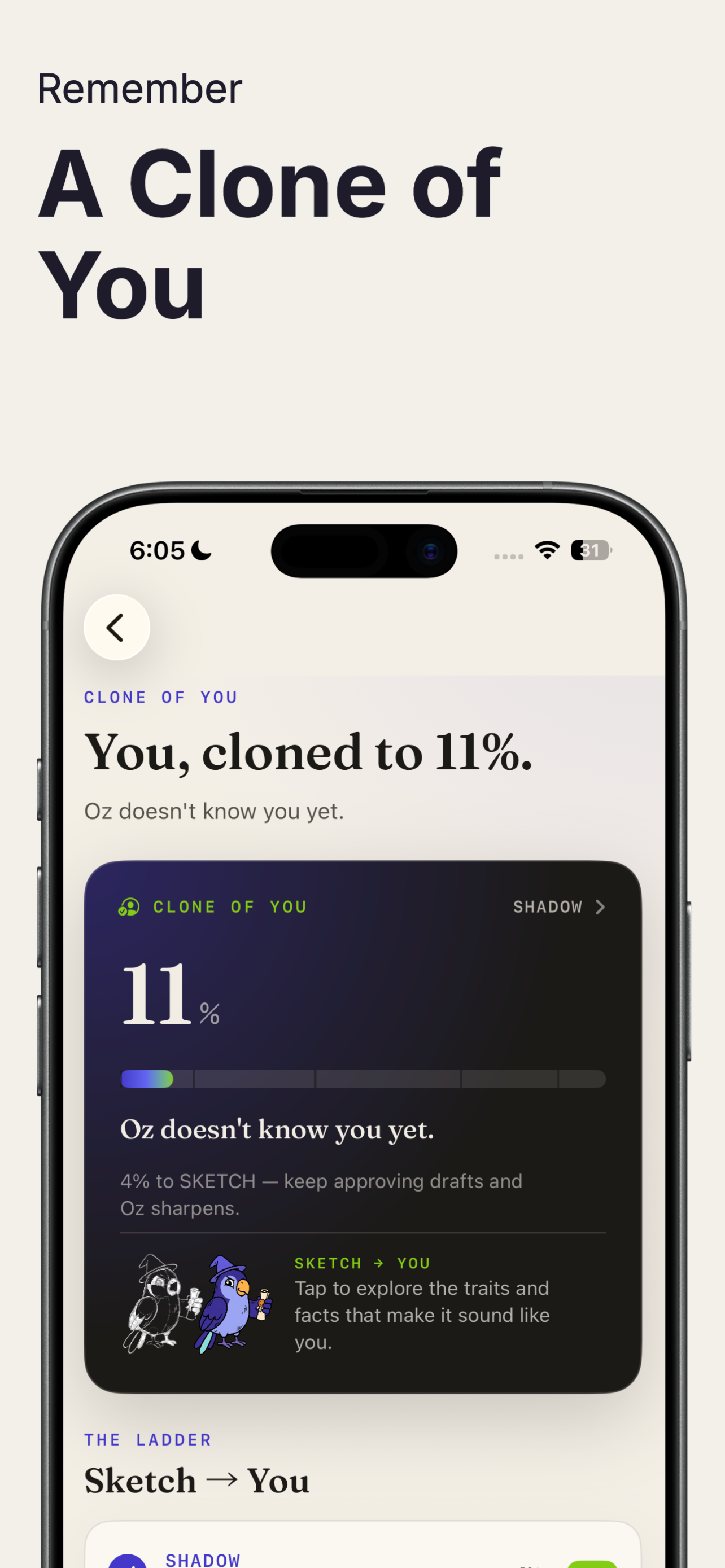 Oz on iPhone — your Clone of You view showing how well Oz knows you
